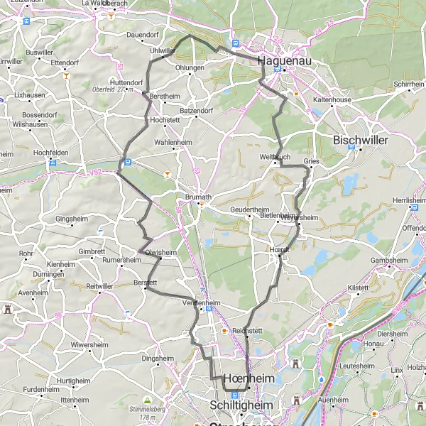 Map miniature of "Bischheim to Berstett and Hœnheim" cycling inspiration in Alsace, France. Generated by Tarmacs.app cycling route planner