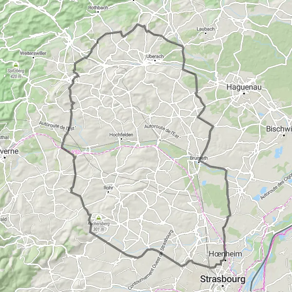 Map miniature of "Challenging Ride to Oberhausbergen and Hœnheim" cycling inspiration in Alsace, France. Generated by Tarmacs.app cycling route planner