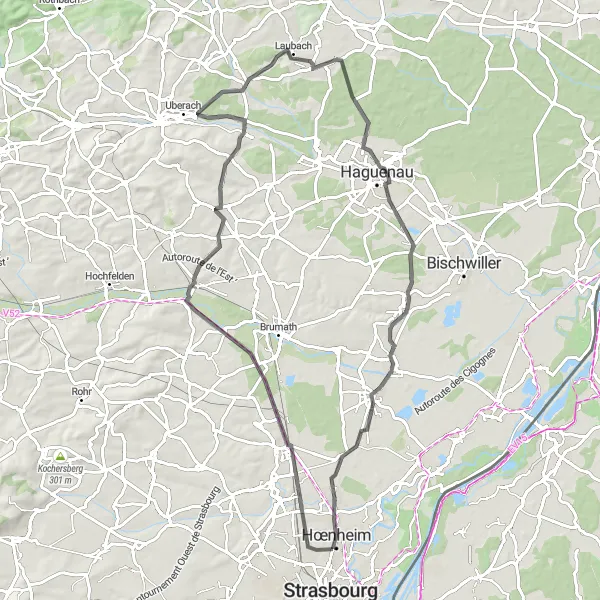 Map miniature of "Bischheim to Vendenheim and Weyersheim" cycling inspiration in Alsace, France. Generated by Tarmacs.app cycling route planner