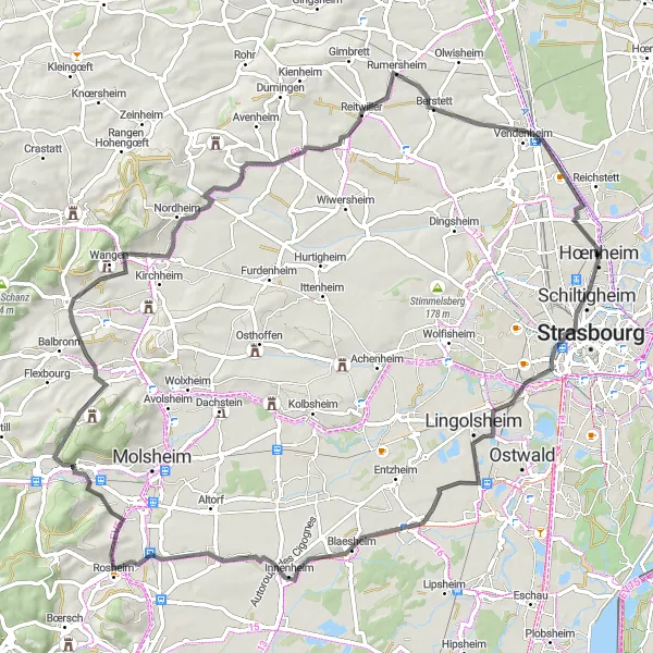Miniature de la carte de l'inspiration cycliste "Boucle des Collines d'Alsace" dans la Alsace, France. Générée par le planificateur d'itinéraire cycliste Tarmacs.app