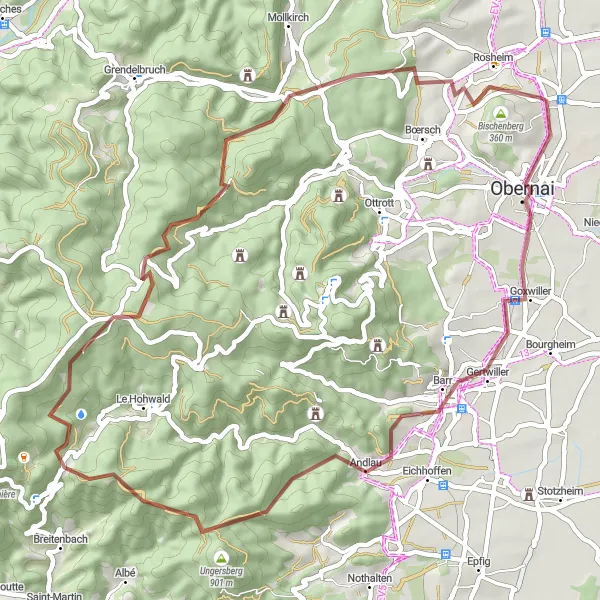 Miniature de la carte de l'inspiration cycliste "Les Collines de Rosheim en Gravel" dans la Alsace, France. Générée par le planificateur d'itinéraire cycliste Tarmacs.app