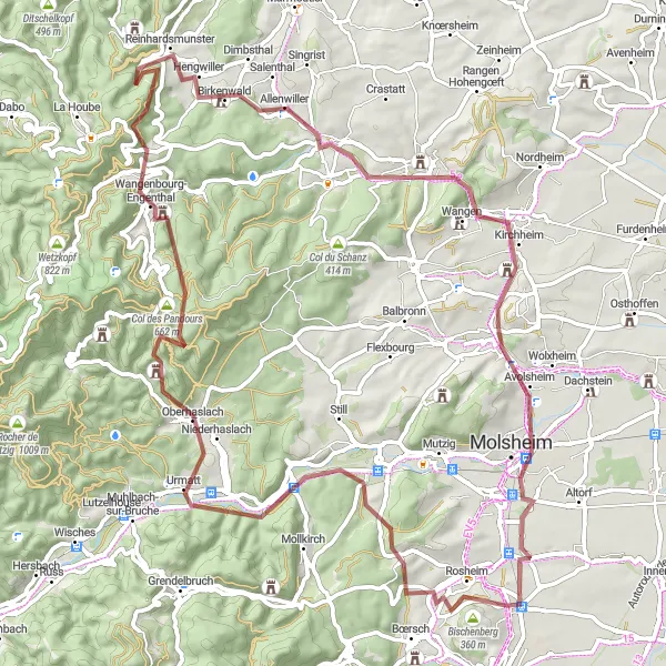 Miniature de la carte de l'inspiration cycliste "Tour pittoresque à Gravel de Bischoffsheim à Marlenberg" dans la Alsace, France. Générée par le planificateur d'itinéraire cycliste Tarmacs.app