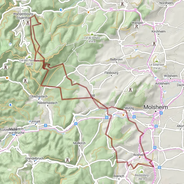 Map miniature of "Hidden Gems of Alsace" cycling inspiration in Alsace, France. Generated by Tarmacs.app cycling route planner