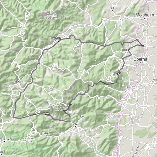 Miniature de la carte de l'inspiration cycliste "Parcours épique de Bischoffsheim à Rosheim via le Col de Steige" dans la Alsace, France. Générée par le planificateur d'itinéraire cycliste Tarmacs.app