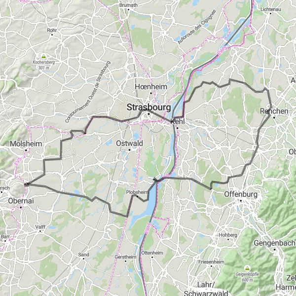 Miniature de la carte de l'inspiration cycliste "Le Tour des Vignobles d'Alsace" dans la Alsace, France. Générée par le planificateur d'itinéraire cycliste Tarmacs.app