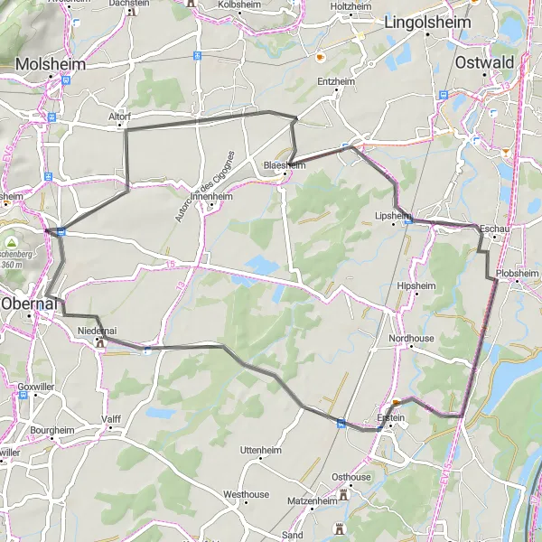 Map miniature of "Cycling Through Alsace's Vineyards" cycling inspiration in Alsace, France. Generated by Tarmacs.app cycling route planner