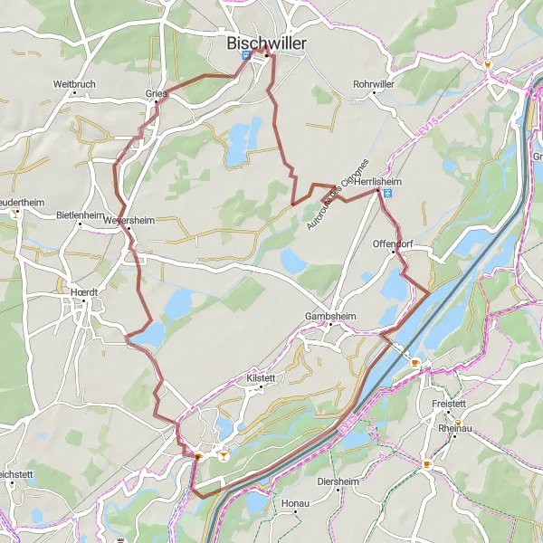 Miniature de la carte de l'inspiration cycliste "Les chemins de gravier autour de Bischwiller" dans la Alsace, France. Générée par le planificateur d'itinéraire cycliste Tarmacs.app