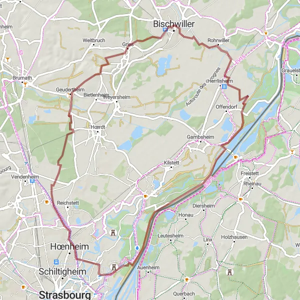 Miniature de la carte de l'inspiration cycliste "Les Chemins de la Plaine d'Alsace" dans la Alsace, France. Générée par le planificateur d'itinéraire cycliste Tarmacs.app