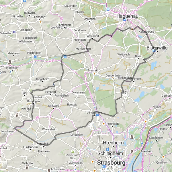 Map miniature of "Scenic Road Cycling near Bietlenheim" cycling inspiration in Alsace, France. Generated by Tarmacs.app cycling route planner