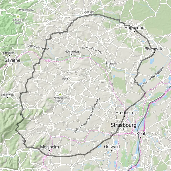Miniature de la carte de l'inspiration cycliste "Parcours des Vignobles d'Alsace" dans la Alsace, France. Générée par le planificateur d'itinéraire cycliste Tarmacs.app