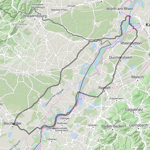 Map miniature of "Bischwiller Grand Tour" cycling inspiration in Alsace, France. Generated by Tarmacs.app cycling route planner