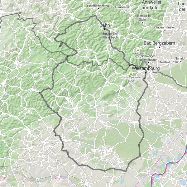 Miniature de la carte de l'inspiration cycliste "Tour du Nord de l'Alsace" dans la Alsace, France. Générée par le planificateur d'itinéraire cycliste Tarmacs.app