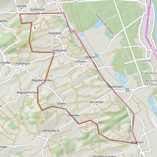 Miniature de la carte de l'inspiration cycliste "Sur les chemins de gravel autour de Blotzheim" dans la Alsace, France. Générée par le planificateur d'itinéraire cycliste Tarmacs.app