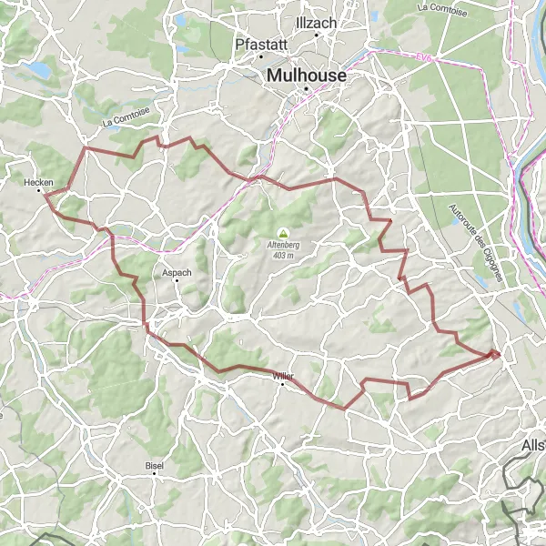 Map miniature of "Alsatian Gravel Escape" cycling inspiration in Alsace, France. Generated by Tarmacs.app cycling route planner