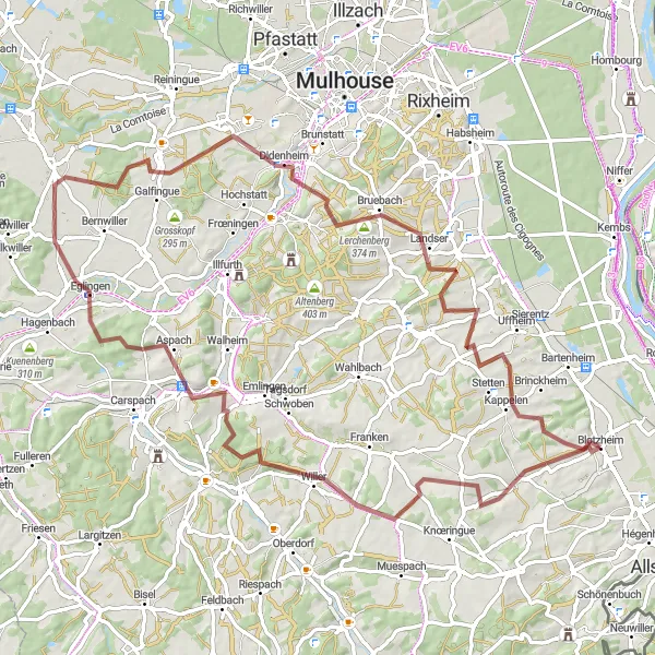 Miniature de la carte de l'inspiration cycliste "Les collines de l'Alsace en gravel" dans la Alsace, France. Générée par le planificateur d'itinéraire cycliste Tarmacs.app