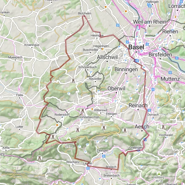 Map miniature of "Basel Adventure Gravel Ride" cycling inspiration in Alsace, France. Generated by Tarmacs.app cycling route planner