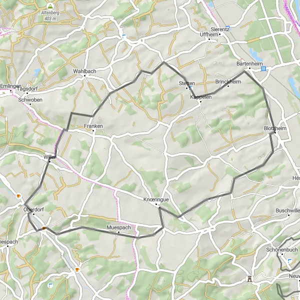 Map miniature of "Blotzheim Cycling Adventure" cycling inspiration in Alsace, France. Generated by Tarmacs.app cycling route planner