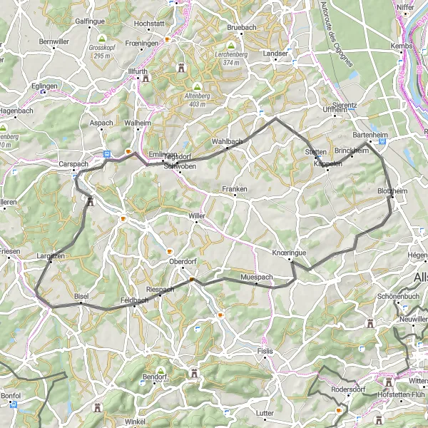 Miniature de la carte de l'inspiration cycliste "Entre vallées et forêts du Sundgau" dans la Alsace, France. Générée par le planificateur d'itinéraire cycliste Tarmacs.app