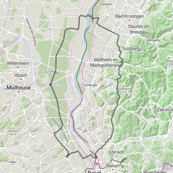 Miniature de la carte de l'inspiration cycliste "Les collines et villages pittoresques d'Alsace" dans la Alsace, France. Générée par le planificateur d'itinéraire cycliste Tarmacs.app