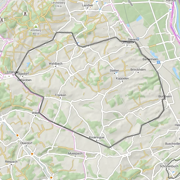 Miniature de la carte de l'inspiration cycliste "Boucle courte et bucolique autour de Blotzheim" dans la Alsace, France. Générée par le planificateur d'itinéraire cycliste Tarmacs.app