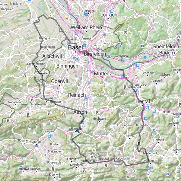 Miniature de la carte de l'inspiration cycliste "Tour de Bâle" dans la Alsace, France. Générée par le planificateur d'itinéraire cycliste Tarmacs.app