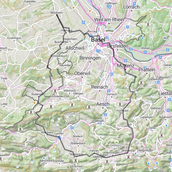 Miniature de la carte de l'inspiration cycliste "Escapade de Muttenz" dans la Alsace, France. Générée par le planificateur d'itinéraire cycliste Tarmacs.app