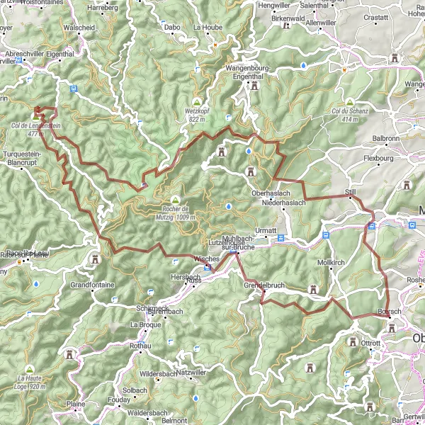 Map miniature of "Schwarzkopf and Schneeberg Gravel Adventure" cycling inspiration in Alsace, France. Generated by Tarmacs.app cycling route planner