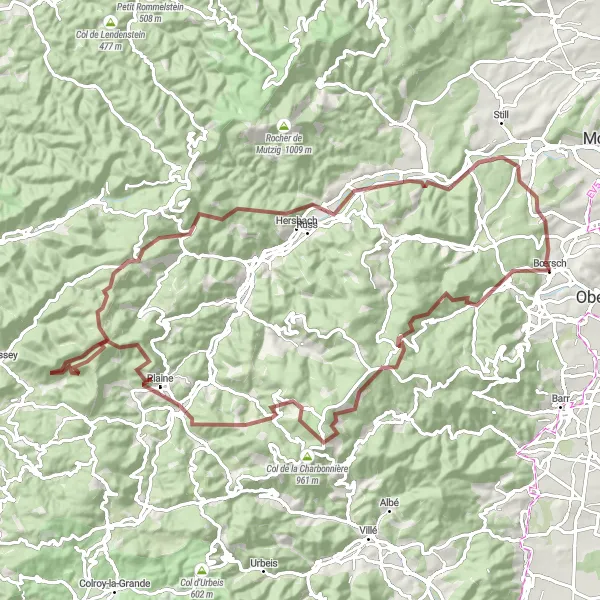 Map miniature of "Champ du Feu Gravel Challenge" cycling inspiration in Alsace, France. Generated by Tarmacs.app cycling route planner