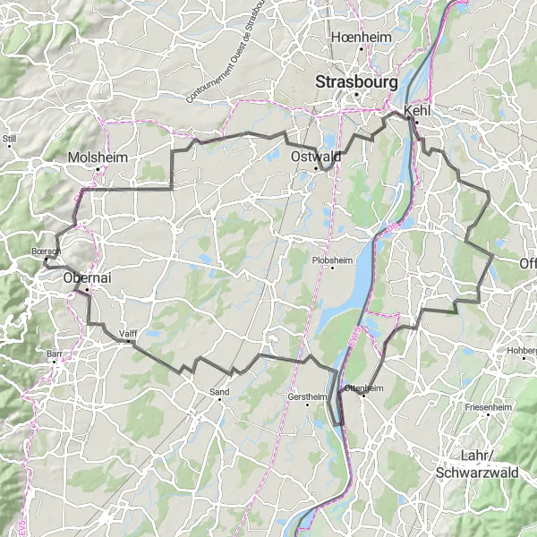 Miniature de la carte de l'inspiration cycliste "La Route des Vins" dans la Alsace, France. Générée par le planificateur d'itinéraire cycliste Tarmacs.app