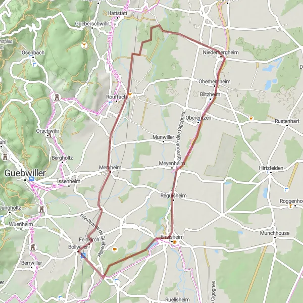 Miniature de la carte de l'inspiration cycliste "Les Vignobles de l'Enclave" dans la Alsace, France. Générée par le planificateur d'itinéraire cycliste Tarmacs.app