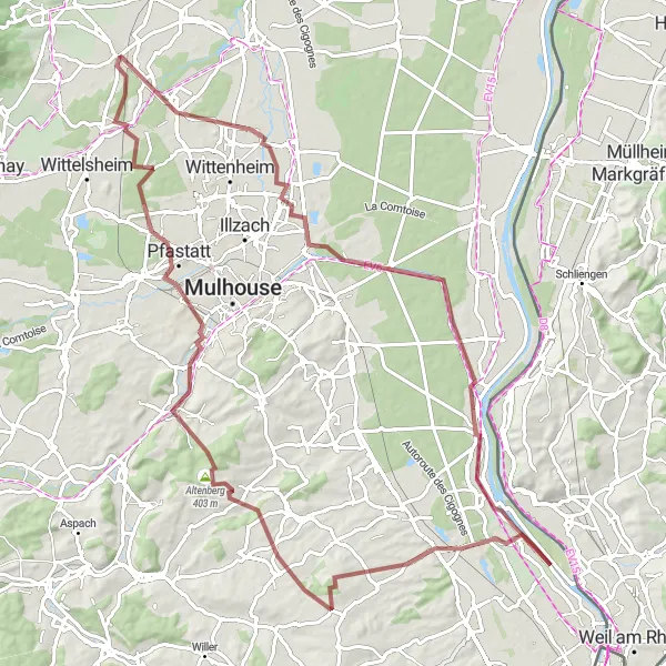 Miniature de la carte de l'inspiration cycliste "Vers le Rhin en Gravel" dans la Alsace, France. Générée par le planificateur d'itinéraire cycliste Tarmacs.app