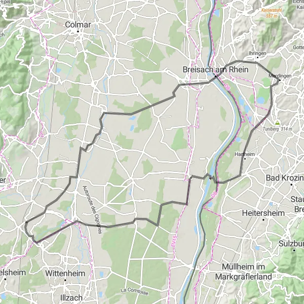 Map miniature of "The Rhine River Adventure" cycling inspiration in Alsace, France. Generated by Tarmacs.app cycling route planner