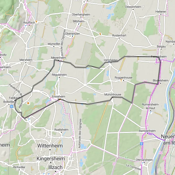 Map miniature of "The Vineyards and Villages of Alsace" cycling inspiration in Alsace, France. Generated by Tarmacs.app cycling route planner