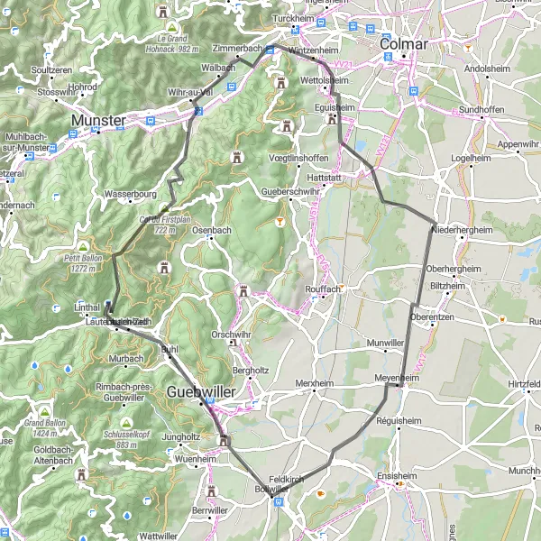 Map miniature of "Road to Eguisheim" cycling inspiration in Alsace, France. Generated by Tarmacs.app cycling route planner