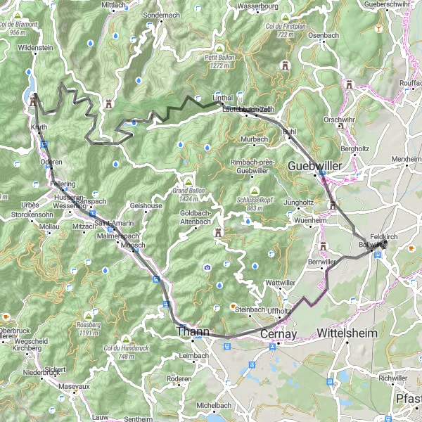 Map miniature of "The Majestic Vosges Mountains" cycling inspiration in Alsace, France. Generated by Tarmacs.app cycling route planner