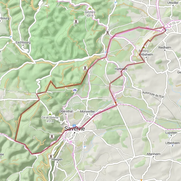 Miniature de la carte de l'inspiration cycliste "Sur les sentiers de graviers" dans la Alsace, France. Générée par le planificateur d'itinéraire cycliste Tarmacs.app