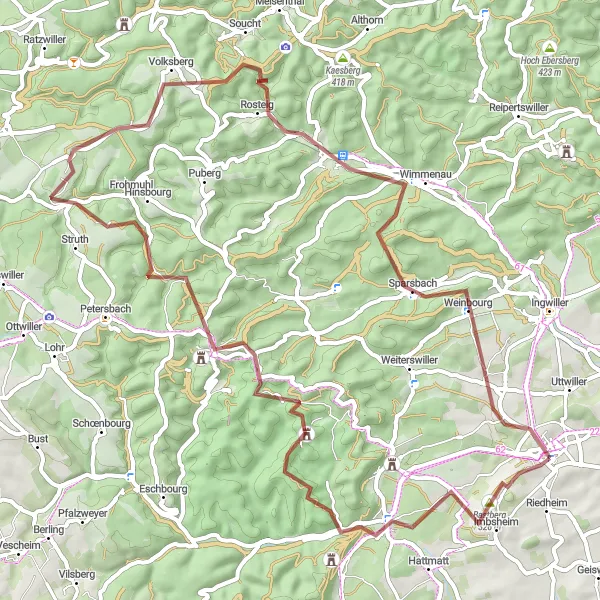 Miniature de la carte de l'inspiration cycliste "Parcours des Châteaux d'Alsace" dans la Alsace, France. Générée par le planificateur d'itinéraire cycliste Tarmacs.app