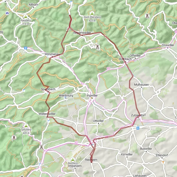 Miniature de la carte de l'inspiration cycliste "Les joyaux cachés d'Alsace" dans la Alsace, France. Générée par le planificateur d'itinéraire cycliste Tarmacs.app