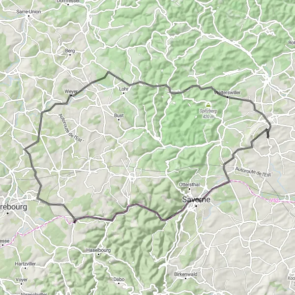 Map miniature of "The Alsace Countryside Route" cycling inspiration in Alsace, France. Generated by Tarmacs.app cycling route planner