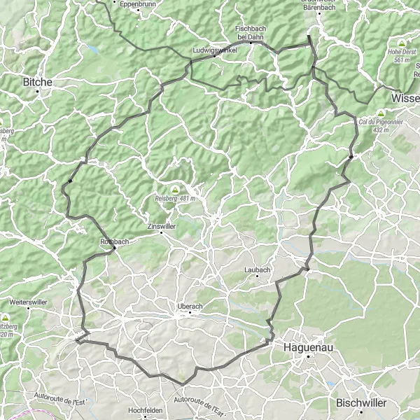 Miniature de la carte de l'inspiration cycliste "Tour des Vosges du Nord" dans la Alsace, France. Générée par le planificateur d'itinéraire cycliste Tarmacs.app