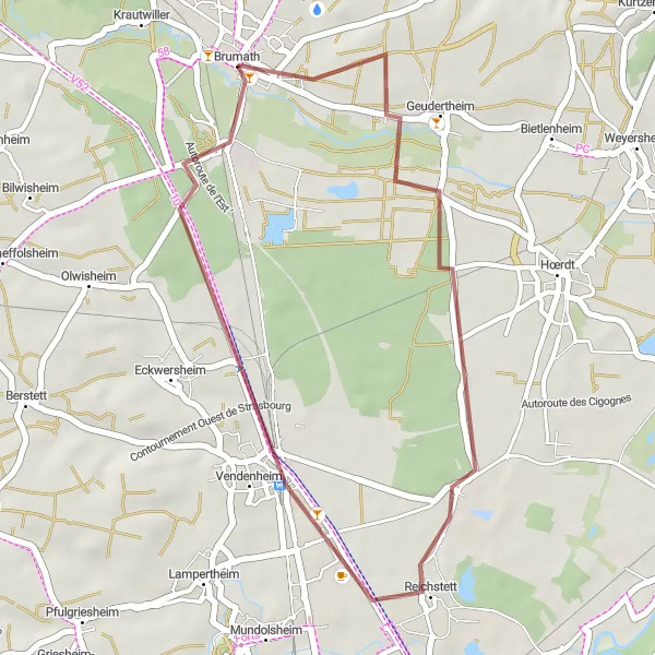 Map miniature of "Brumath Gravel Route" cycling inspiration in Alsace, France. Generated by Tarmacs.app cycling route planner