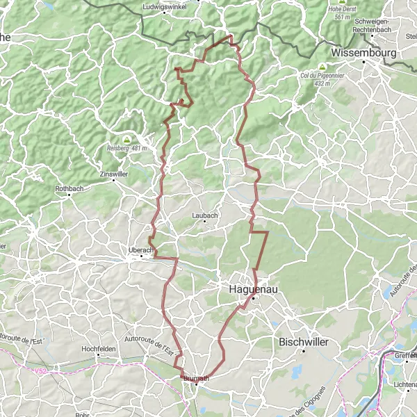 Miniature de la carte de l'inspiration cycliste "Parcours gravel depuis Brumath" dans la Alsace, France. Générée par le planificateur d'itinéraire cycliste Tarmacs.app