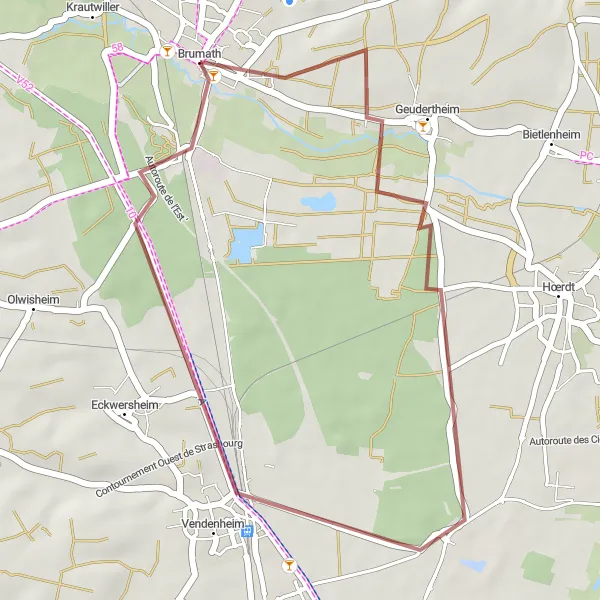 Map miniature of "Geudertheim Gravel Loop" cycling inspiration in Alsace, France. Generated by Tarmacs.app cycling route planner