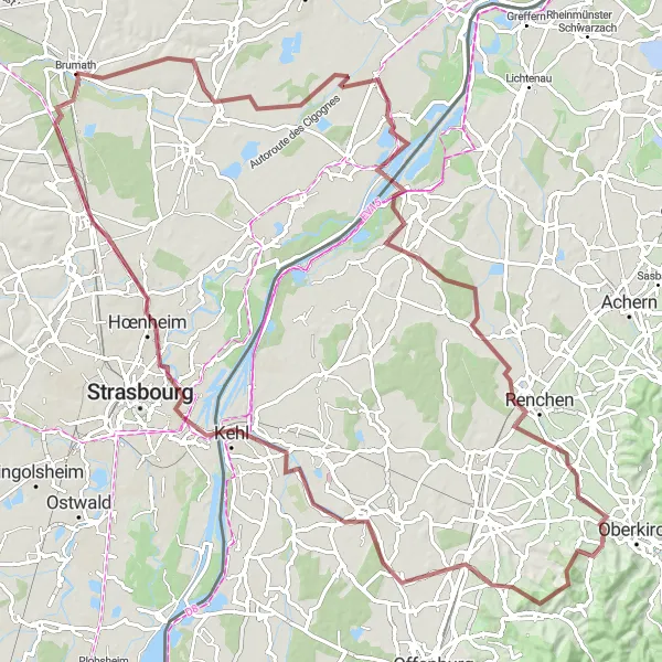Miniature de la carte de l'inspiration cycliste "Parcours gravel aventureux au départ de Brumath" dans la Alsace, France. Générée par le planificateur d'itinéraire cycliste Tarmacs.app