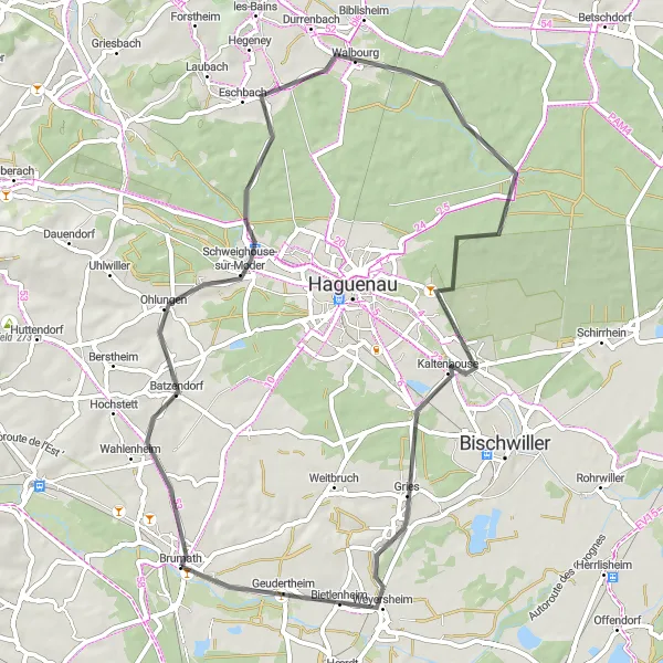 Miniature de la carte de l'inspiration cycliste "Parcours route court autour de Brumath" dans la Alsace, France. Générée par le planificateur d'itinéraire cycliste Tarmacs.app