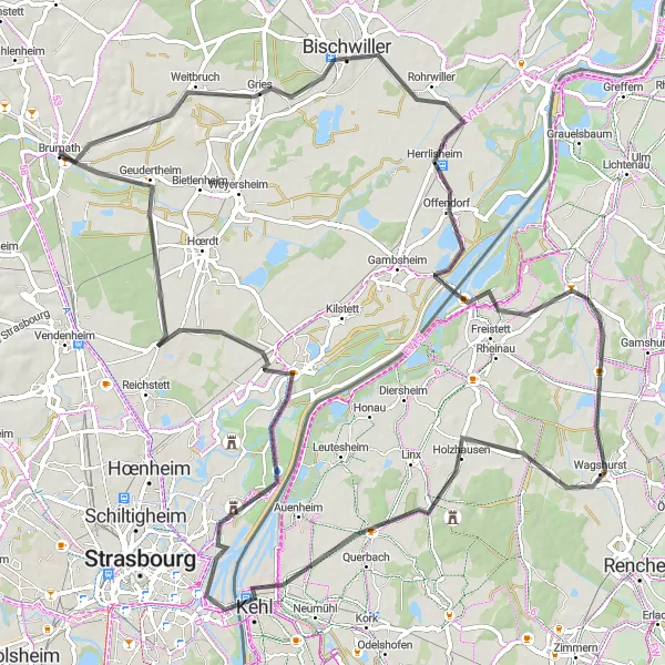 Miniature de la carte de l'inspiration cycliste "Parcours route plaisant près de Brumath" dans la Alsace, France. Générée par le planificateur d'itinéraire cycliste Tarmacs.app