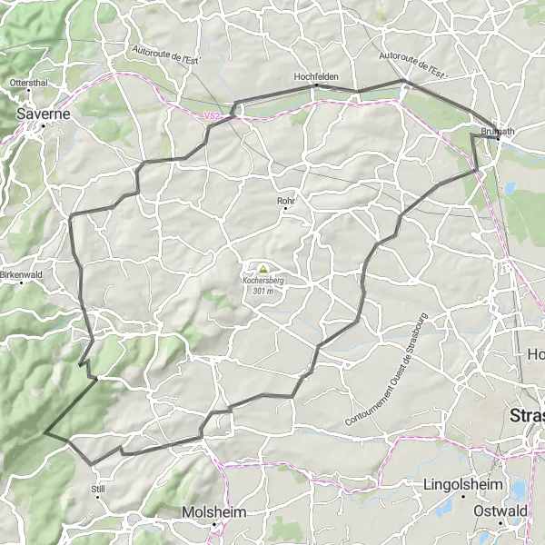 Map miniature of "Scenic Loop from Brumath" cycling inspiration in Alsace, France. Generated by Tarmacs.app cycling route planner