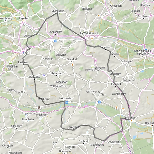 Map miniature of "Alsace Vineyards and Hilltops" cycling inspiration in Alsace, France. Generated by Tarmacs.app cycling route planner