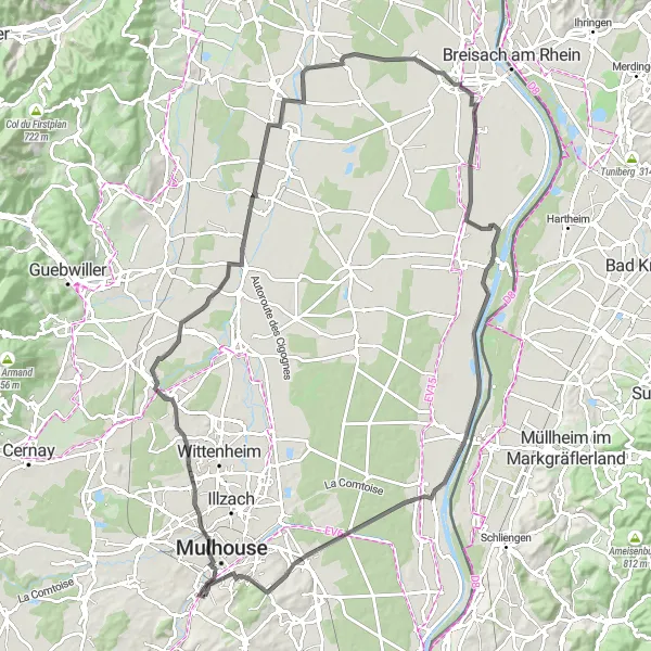 Miniature de la carte de l'inspiration cycliste "La grande boucle alsacienne" dans la Alsace, France. Générée par le planificateur d'itinéraire cycliste Tarmacs.app