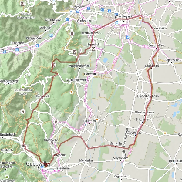Miniature de la carte de l'inspiration cycliste "Aventure Gravel du Haut-Rhin" dans la Alsace, France. Générée par le planificateur d'itinéraire cycliste Tarmacs.app